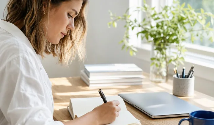 Person writing in a notebook beside a laptop at a quiet desk.