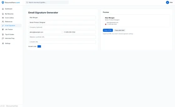 The email signature generator, with the signature form beside a live preview