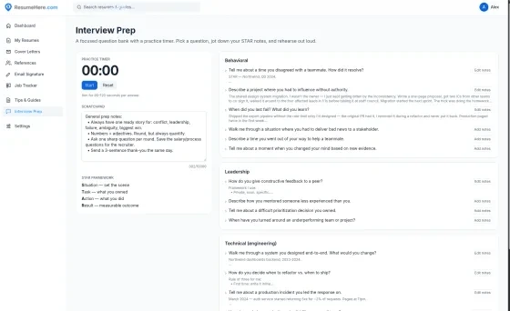 The interview preparation workspace, with a question bank and practice notes