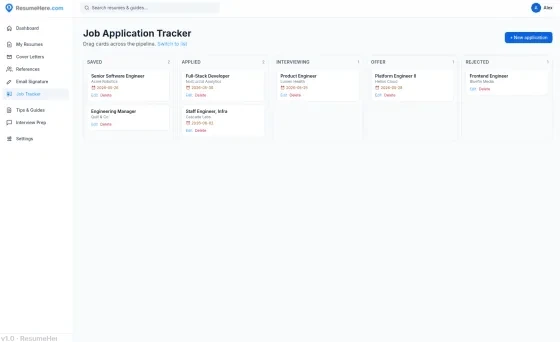 The application tracker, with roles arranged across Saved, Applied, Interviewing, Offer, and Rejected columns