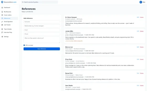 The references manager, listing each referee with their relationship and contact details