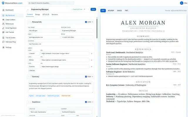 The resume editor with the live document preview open beside it